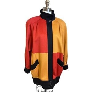 80s Vtg Steve Evans Color Block Wool Coat Womens L Orange Yellow Black